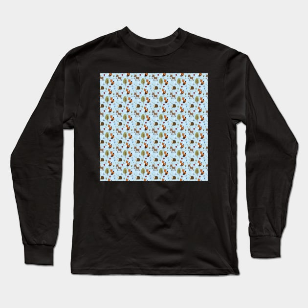 Woodland Forest Animals in Blue Long Sleeve T-Shirt by JessDesigns